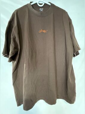 YoungLA Brown Tee with Orange Script Logo Back graphics of Bull & Fire